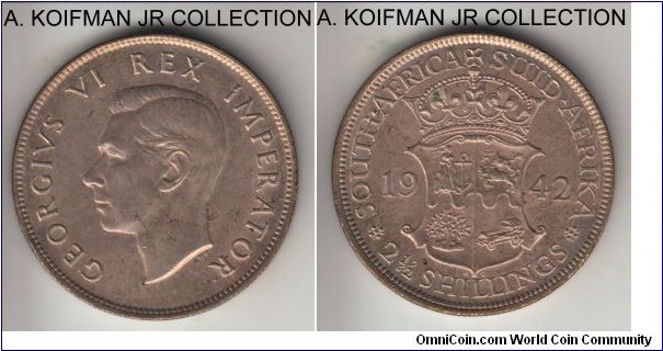 KM-30, 1942 South Africa 2 1/2 shillings (half crown); silver, reeded edge; George VI, common war time year, weaker strike on this almost uncirculated coin.
