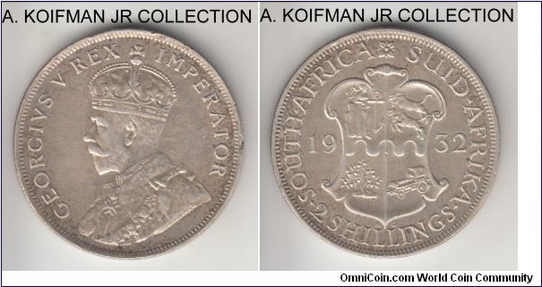 KM-22, 1932 South Africe 2 shillings (florin); silver, reeded edge; George V, second type, good very fine, old cleaning and re-toning, small rim ding.