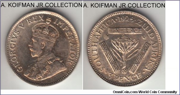 KM-15.1, 1926 South Africa (Dominion) 3 pence; silver, plain edge; George V second type, nice lustrous about uncirculated.