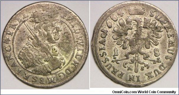 German States - Brandenburg, Friedrich Wilhelm (1640 - 1688), 18 Groschen (1/5 Thaler, Tympf), 1684 HS. Silver. Fine to Fine+.