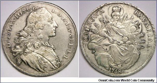 German States - Bavaria, Maximilian III, Josef (1745 - 1777), Thaler, 1768. Obverse: Bust right in vestments. Reverse: Madonna and Child.  28.0600 g, 0.8330 Silver, .7515 Oz. ASW. Mint: Amberg. VF+. Some adjustment marks on the Reverse. Nice portrait.