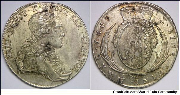 German States - Saxony, Royal Duchy (Until 1806 when it become a Kingdom). Friedrich August III (1763 - 1827), Thaler, 1803 IEC. 28.0630 g, 0.8330 Silver, .7520 Oz. ASW. XF with nice toned. Some adjustment on the 12 o'clock.