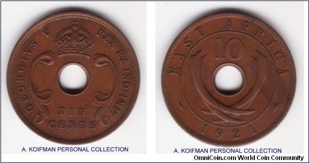 KM-19, 1921 East Africa 10 cents; bronze, plain edge; nice about extra fine coin, good condition with the small reverse stain on the right tusk