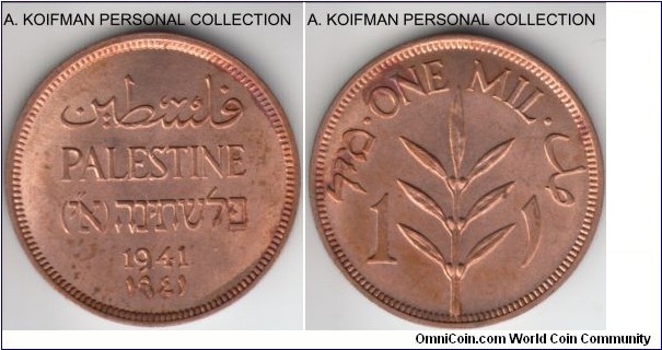 KM-1, 1941 Palestine mil; bronze, plain edge; mostly bright red, some toning on reverse, uncirculated.