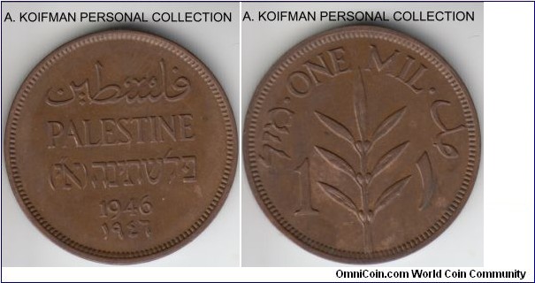 KM-1, 1946 Palestine mil; bronze, plain edge; brown about uncirculated or better, a couple of tiny rim micks on reverse.