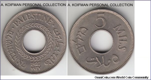 KM-3, 1927 Palestine 5 mils; copper-nickel, plain edge; common coin, but nice subdued toned uncirculated specimen.