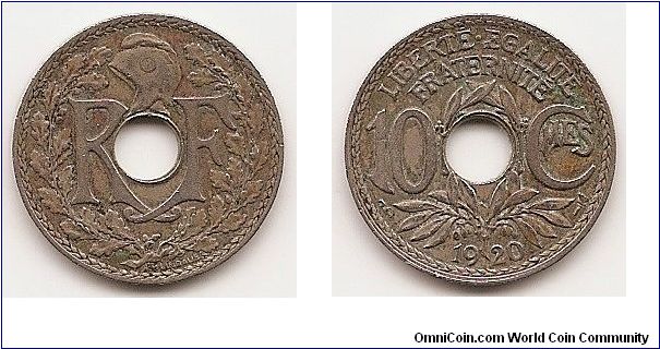 10 Centimes
KM#866a
4.0000 g., Copper-Nickel, 21.3 mm. Obv: Center hole divides
monogram, liberty cap above, wreath surrounds Rev: Center hole
and plant divides denomination, date below Note: Varieties with
small and large hole exist