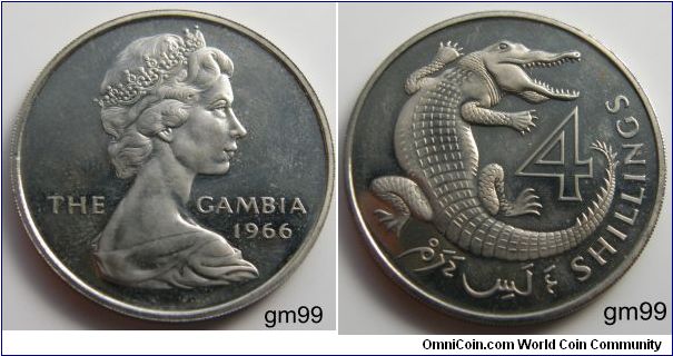4 shillings, 1966, Cupronickel. 
Queen Elizabeth II's portrait on the obverse. Reverse:Slender-snouted crocodile.