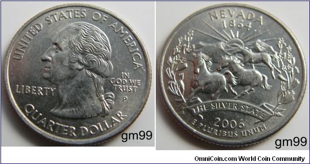 Nevada, nicknamed The Silver State, was admitted into the Union on October 31, 1864, becoming our Nation's 36th state. Nevada's quarter depicts a trio of wild mustangs, the sun rising behind snow-capped mountains, bordered by sagebrush and a banner that reads The Silver State. 2006P