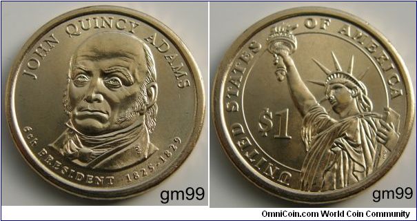 John Quincy Adams,Sixth President, 1825-1829. Presidential $1 Coin. edge-incused inscriptions. 2008D- Mintmark: D (for Denver, CO)