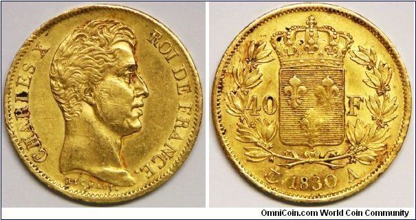 Charles X, 40 Francs, 1830A. 12.9039 g, 0.9000 Gold, .3734 Oz. AGW. Mint: Paris. Mintage: 354,000 units. EF.