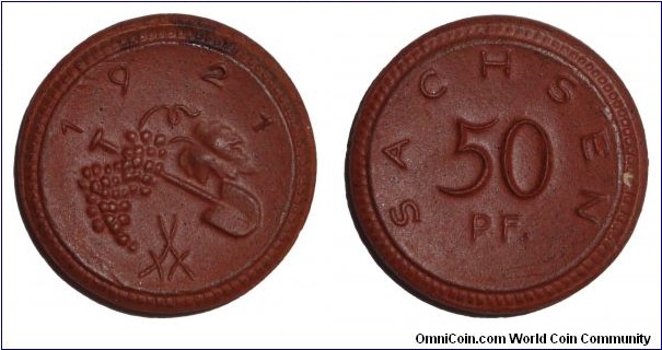 SAXONY (REGIONAL)~50 Pfennig 1921. Porcelain notgeld.