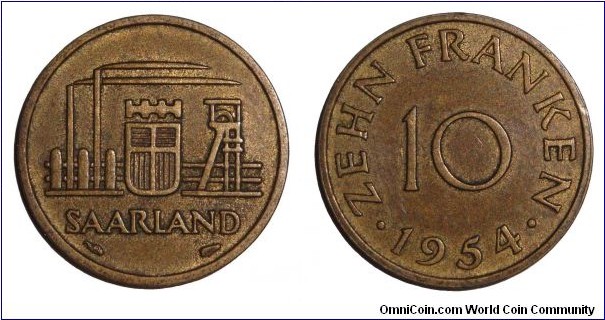 SAARLAND~10 Franken 1954.