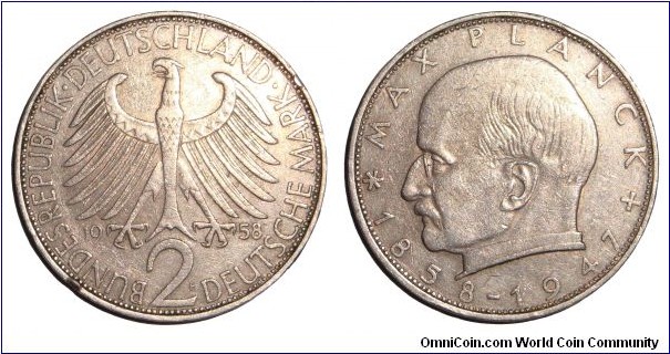 WEST GERMANY~2 Deutsche Mark 1958. Mint: Stuttgart. 100th birthday of Max Planck.