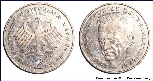 WEST GERMANY~2 Deutsche Mark 1988. Dr. Kurt Schumacher. Mint: Munich. 