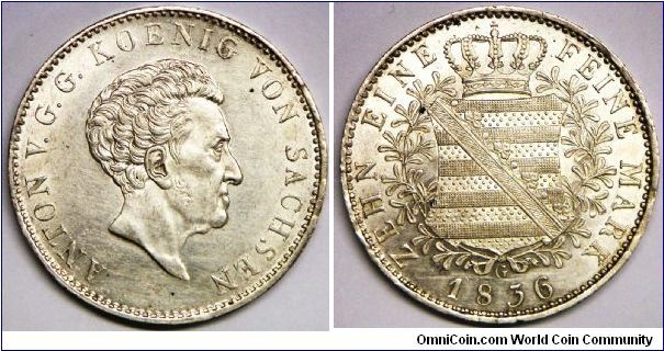 German States - Saxony, Anton (1827 - 1836), Thaler, 1836G. 28.0630 g, 0.8330 Silver, .7520 Oz. ASW., 38mm. Mintage: 585,000 units. AU with original luster.