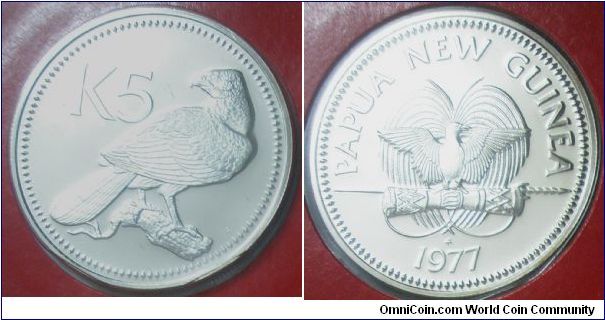Commonwealth, 5 Kina, 1977FM (P). Obverse: New Guinea eagle. 27.6000 g, 0.5000 Silver, .4436 Oz. ASW., 40mm. Mintage: 7,721 units. PROOF.
