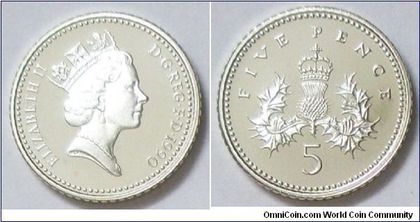United Kingdom, Queen Elizabeth II, 5 pence, 1990. The new five pence piece weights 3.25 grammes and measures 18.00mm in diameter. Mintage: 35,000 units. Proof.