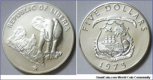 Republic of Liberia, 5 dollars, 1973. Proof.