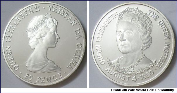 United Kingdom, 25 pence, 1980. Subject: To commemorate Her Majesty Queen Elizabeth The Queen Mother's 80th birthday. PROOF.