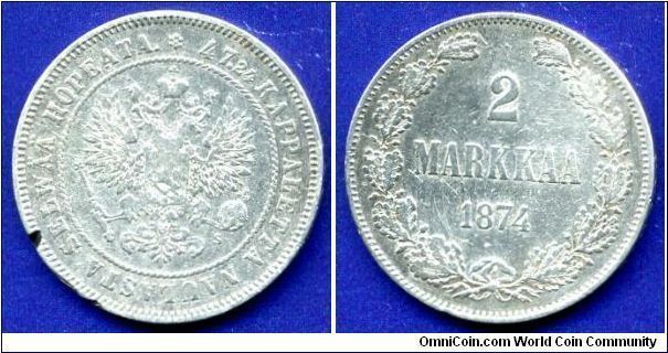 2 Markkaa.
Alexander II (1855-1881).
Grand Duchy of Finland


Ag868f. 10,36gr.