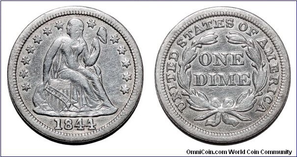 UNITED STATES~Seated Liberty Dime 1844. 72,500 coins minted.