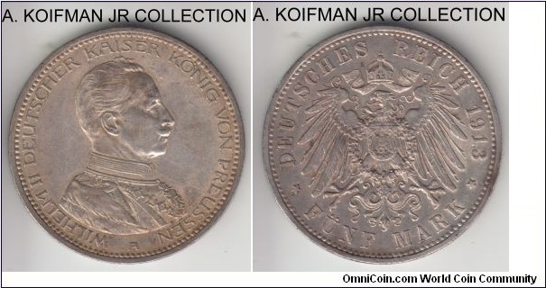 KM-536, 1913 German State Prussia 5 mark, Berlin mint (A mint mark); silver, lettered edge; Wilhelm II, uniforned bust type, nice good extra fine, obverse toned and reverse still showing some of the original luster.