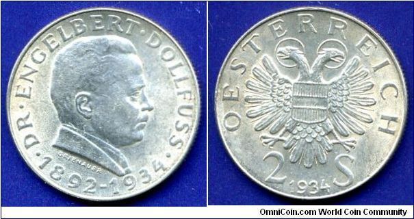 2 shillings.
Austrian Republica.
Dr. Engelbert Dollfuss.
Mintage 1,500,000 units.


Ag640f. 12gr.