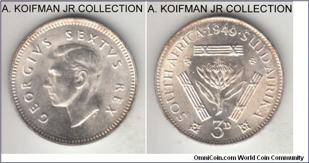 KM-35.1, 1949 South Africa 3 pence; silver, plain edge, George VI, nice brilliant uncirculated coin.