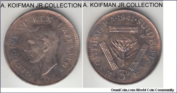 KM-26, 1941 South Africa (Dominion) 3 pence; silver, plain edge; George VI war time coinage, another weak strike, protea is sunk into the surface and rear parts are missing, right leaf is only partially visible; this seems to be a variety of the date with 4 in the date lower to the following 1 then the other specimen I have, toned extra fine or better.