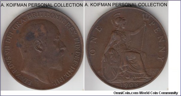 KM-794.2, 1908 Great Britain penny; bronze, plain edge; good very fine to about extra fine condition but a couple of verdigris spots on obverse.