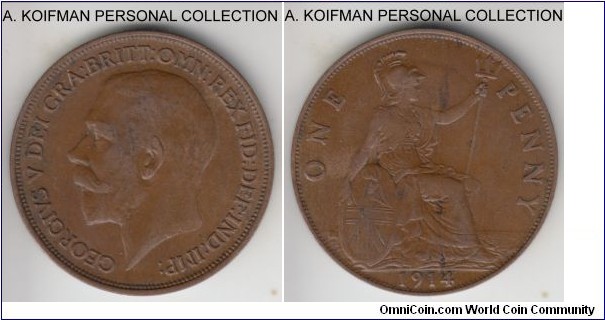 KM-810, 1914 great Britain penny; bronze, plain edge; overall about extra fine coin with some wear on both sides and a weaker reverse.