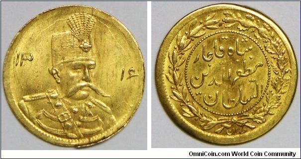 Muzaffar al-Din Shah (1896 - 1907), 5000 Dinars (1/2 Toman), AH1316 (1898 AD). 1.4372 g, 0.9000 Gold, .0146 Oz. AGW. Mintage: Unknown. Typically soft struck. Fully lustrous AU, scarce in this pleasing quality. This variety is seriously undervalued in Krause.