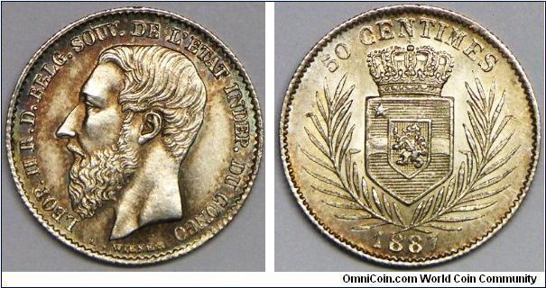 Congo Free State, Royal Domain (1865 - 1908), Leopold II (king of Belgium), 50 Centimes, 1887. 2.5000 g, 0.8350 Silver, .0671 Oz. ASW. Mintage: 20,000 units. Toned BU. Rare in this Condition.