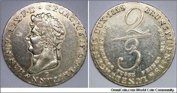 German States - Hannover, George IV, 2/3 Thaler, 1829C. 13.0800 g, 0.9930 Silver (Very high silver content), .4176 Oz. ASW. Note: Several varieties exist. VF+.