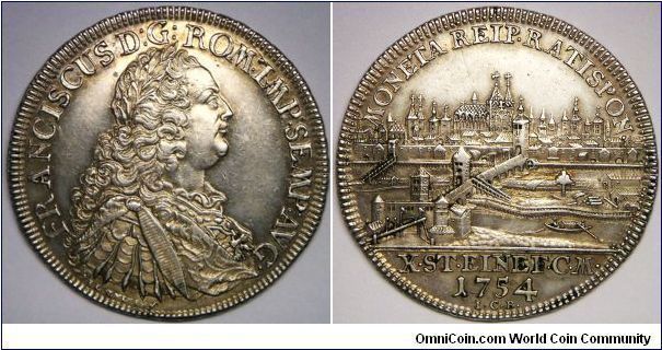 German States - Regensburg, Francis I, Thaler, 1754 ICB. Reverse: City View. 28.0900 g, Silver, 42.5mm. Mintage: Unknown. XF+/AU.