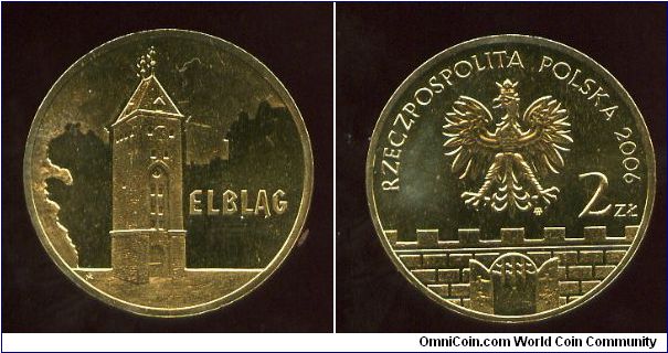 2 Zloty 
Historical Cities in Poland
Elblag
Market Gate, Old City
Eagle above battlements & gateway, value & date