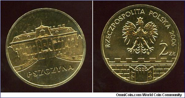 2 Zloty
Historical Cities in Poland
Pszczyna
residence of the Dukes of Pszczyna 
Eagle above battlements & gateway, value & date