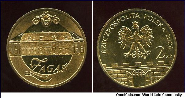2 Zloty 
Historical Cities in Poland
Zagan
Zagan Palace 
Eagle above battlements & gateway, value & date