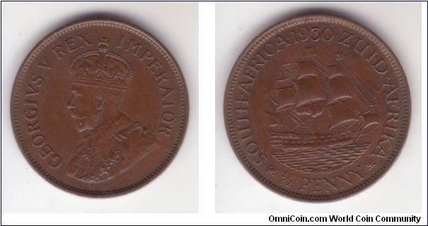 KM-13.2, 1930 South Africa half penny; small mintage of only 147,000; this bronze coin is in good very fine condition.