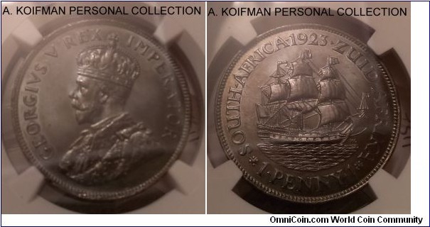 KM-14.1, 1923 South Africa penny; bronze, plain edge; George V, blackened at mint, mintage 91,000, NGC graded MS 65 BN.