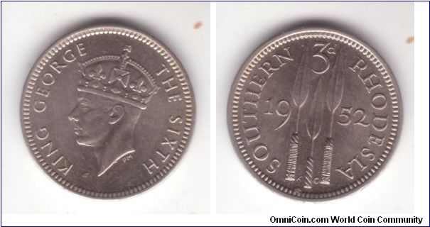 KM-20, 1952 Southern Rhodesia 3 pence, nice uncirculated condition, it does have a toning spot on reverse.