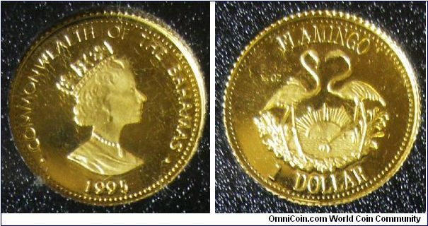 Queen Elizabeth II, One Dollar, 1995. 1.2442 g, 0.9999 Gold, .0400 Oz. AGW. Reverse: Two Flamingos. Mintage: Unknown. PROOF.