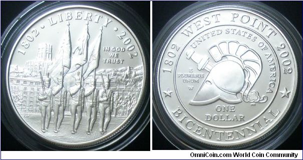 The U.S. Military Academy Bicentennial Commemorative Silver Dollar, One Dollar, 2002. Mintage: 500,000. Subject: To commemorate the 200th Anniversary of the founding of the United States Military Academy. PROOF.