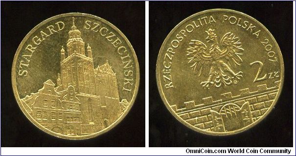 2 Zloty 
Historical Cities of Poland
Stargard Szczecinski
Church of the Blessed Virgin Mary, Queen of the World in the old town Market
Eagle above battlements & gateway, value & date
