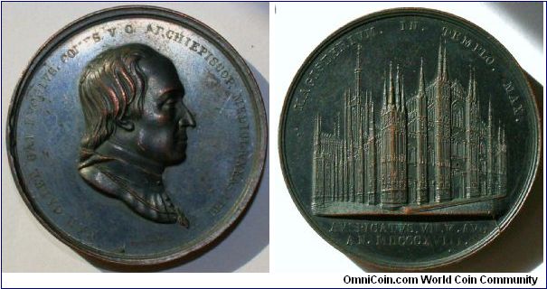 The Inauguration of the Milan Cathedral Aug 18th 1818.
Carlo Gaetano Gaisruck (also known as Karl Kajetan Gaisruck) Archbishop of Milan. Reverse shows view of Milan cathedral.
Bronze 45mm by Francesco Putinati.  This my second example of this medal