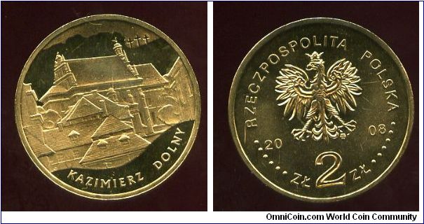 2 Zloty 
Monuments of Material Culture in Poland
Kazimierz Dolny 
3 crosses above the roofs of houses and the parish church by
the marketplace in Kazimierz Dolny.
Eagle, value & date