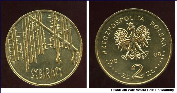 2 Zloty 
Siberian Exiles 
The images of human figures silhouetted against the
tree trunks. At the bottom, an inscription, SYBIRACY (Siberian
exiles)
Eagle, value & date