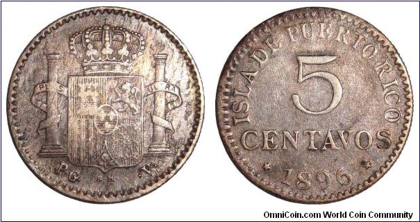 PUERTO RICO (COLONIAL)~5 Centavos 1896. Colony of Spain.