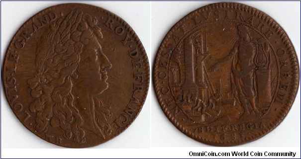 1683 copper jeton issued for the administrators of the french royal properties